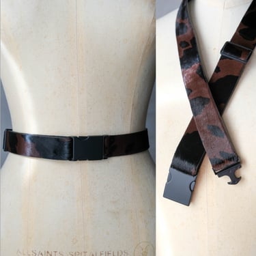 DONNA KARAN Caramel & Black Cattle Print Pony Hair Adjustable Engineer Belt | Made in USA | 100% Genuine Leather | 2000s Y2K Designer Belt 