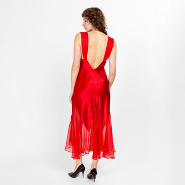 Sm-Med 90s Red Satin Low Back Bias Cut Nightgown | Vintage Sheer Chiffon Skirt Negligee Nightie Maxi Slip Dress 