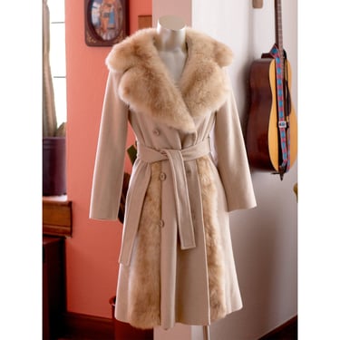 Vintage Wool and Faux Fur Coat - 1960s, 1970s - Mob Wife, Penny Lane - Tan, Cream - Pea Coat, Princess Coat - Youthcraft - Mod, Funky, Boho 