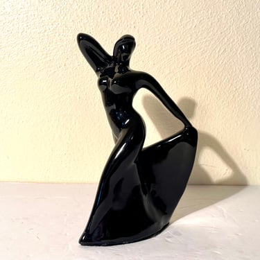 Vintage 1980s Black Ceramic Dancing Women Figurine 