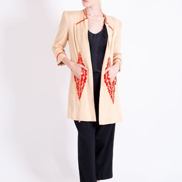 Rare 1920s Nude Silk + Red Beaded Jacket with Gold Trim + Structured Shoulders Coral Like Beading 20s 30s Antique Evening  Beads 