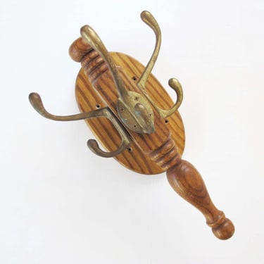 Vintage Brass Wood Coat Bag Hook - Wall Mounted Multi Prong Wall Hook For Entryway Bedroom - Traditional Cottagecore Cabin Decor 