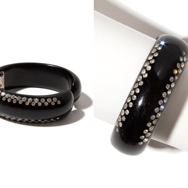 Vintage 1960s Clamper Bracelet | 60s Rhinestone Studded Shiny Black Plastic Hinge Bangle 