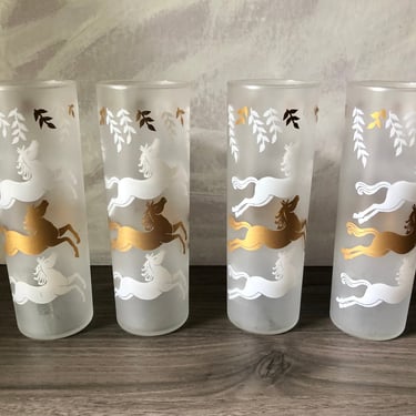 Vintage Libbey Cavalcade frosted glasses horse pattern, white and gold lowball glassware, frosted glassware, mid century decor, horse decor 