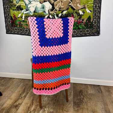 Vintage Hand Crocheted “Granny Square” Throw Blanket 