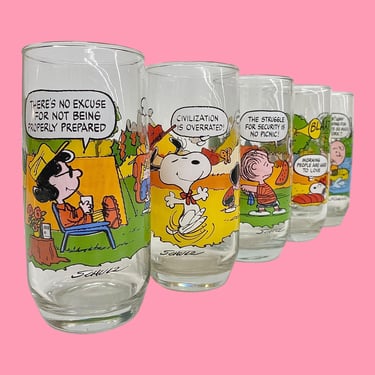 Vintage McDonalds Camp Snoopy Drinking Glasses Retro 1980s Peanuts Cartoon + Charles Schultz + Glass + Set of 5 + Kitchen + Water Tumblers 