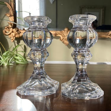 Pair Mid Century Regency Crystal Candle Holders 