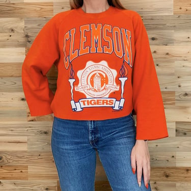Clemson University Tigers Soft Vintage Raglan Cropped Pullover Sweatshirt Sweater Top 