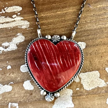 ALFRED MARTINEZ Navajo Handmade Sterling Silver & Spiny Oyster Heart Necklace Pendant, Chain Link | Native, Southwestern Jewelry • 30g 