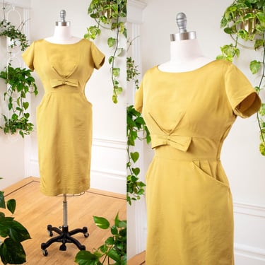 Vintage 1960s Cocktail Dress | 60s Yellow Hourglass Sheath Wiggle Formal Party Dress | large 