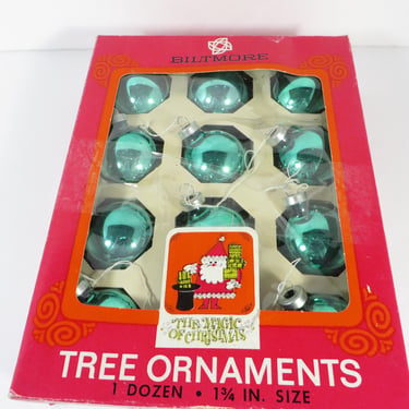 Vintage Blue Green Glass Ball Ornaments - 12 Aqua Christmas Ornaments 