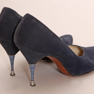 1950s Blue Suede and Silver Detail Stiletto High Heel Pump Heels by Marquise -Size 9 