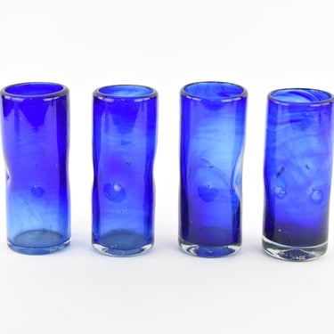 1980's Mexican Sea Glass Hand-Blown Royal Blue Highball Glasses Set of 4 