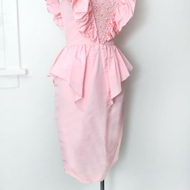 80's Pink CLIMAX Party Evening Dress Puff Sleeves Vintage 1980's Prom Gown Midi 