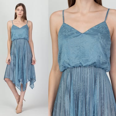 70s Blue Floral Sheer Scarf Hem Dress - Small | Vintage Boho Blouson Handkerchief Midi Disco Party  Dress 