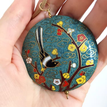 Gorgeous Vintage 70s 80s Teal Cloisonne Bird Pendant Necklace 