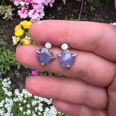 Opal and Tanzanite Drop Studs in 14k Handmade Prongs 