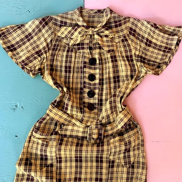 1930s Yellow and Brown Plaid Flutter Sleeve Dress - Size S