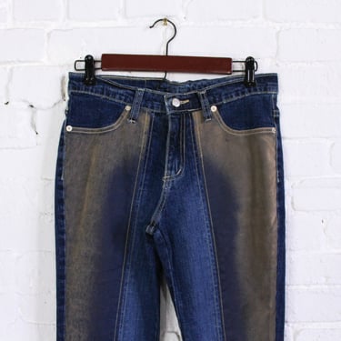 1990s Blue Denim Jeans | 90s Blue & Beige Sueded Jeans | Watch L.A. | Medium 