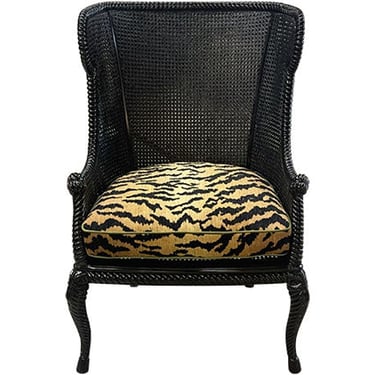 Vintage Cane Wingback Armchair in High Gloss Black with Custom Thibaut Tiger Cushion #08632