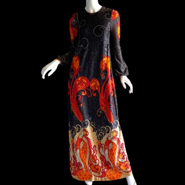 60s Metallic Novelty Print Dress, Vintage Beardsley Art Deco Showgirl Gown Medium 