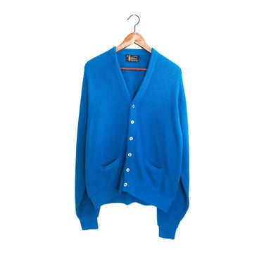 vintage cardigan / 70s cardigan / 1970s blue acrylic knit grandpa cardigan Kurt Cobain sweater XL 