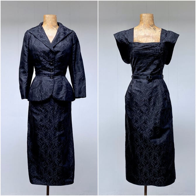 Vintage 1950s Adele Simpson Cocktail Wiggle Dress & Wasp Waist Jacket, Mid-Century Black Silk Jacquard Two-Piece Dress Suit, Small 34" Bust 