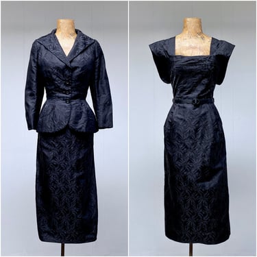 Vintage 1950s Adele Simpson Cocktail Wiggle Dress & Wasp Waist Jacket, Mid-Century Black Silk Jacquard Two-Piece Dress Suit, Small 34