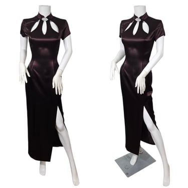 Jessica McClintock 1990s Long Brown Satin Cheongsam Style Dress I Sz Sm I Gown 