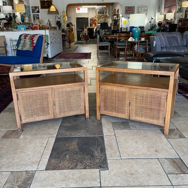 Vintage End Tables with Glass Tops and Cane Doors