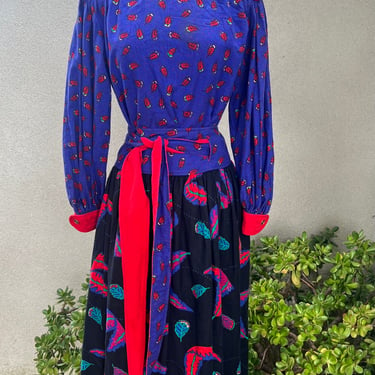 Vintage 80s wrap skirt top set blue red leaves theme Sz Small petite by Jeanne Marc 