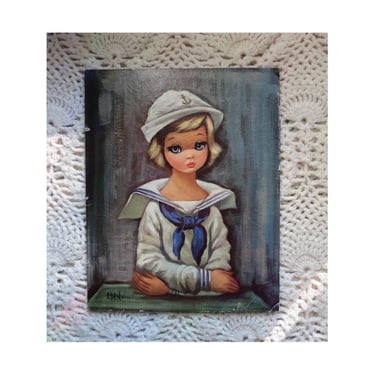 Vintage Big Eyes Print - Eden Sailor Girl Litho - Sad Eye Mod Children Kid Wall Art Decor - 60s Mid Century Artwork 