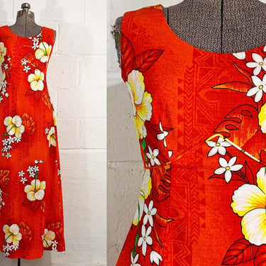 Vintage Hawaiian Dress Orange Hibiscus Tiki Floral Sleeveless Maxi Hawaii, Check Engine Vintage