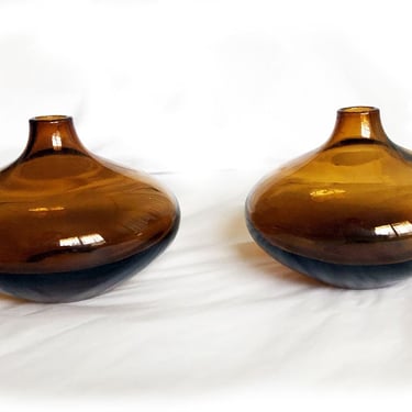 Pair of MID CENTURY Hand Blown Glass CANDLE Holders, Bulbous, Brown, 1950's, 1960's, Vintage Bottles Jars Viking 