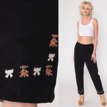 90s Black Tapered Pants Teddy Bears & Bows Trousers High Elastic Waist Retro Slacks Simple Basic Pockets Vintage 1990s Large L 