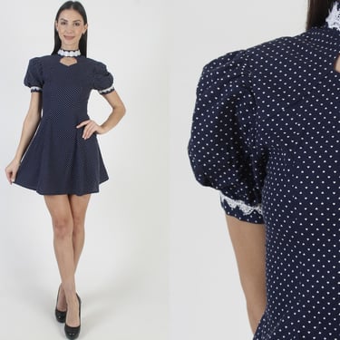 Tiny White Heart Print Dress, Vintage Navy Cut Out Mini, 60s Style Gogo Micro Length 