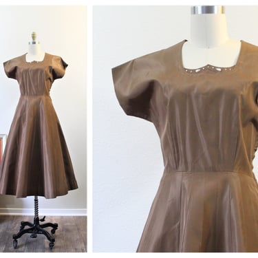 Vintage 1940s 50s Brown Taffeta sweetheart Rhinestone & Pearl Neckline Gored Skirt Dress  // Modern Size US 4 6 Small 