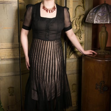 1930s Dress - Ultra Sheer Edwardian Converted to 1930s Day Dress in Black Silk Chiffon 