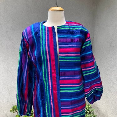 Vintage boho Mexican Tachi Castillo blue cotton pintuck ribbon Jacket pad shoulder puff sleeve sz M 