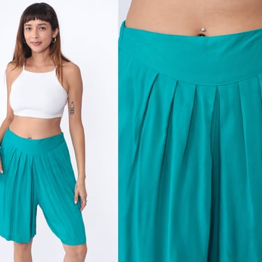 Teal Wide Leg Shorts 90s Culotte Shorts Pleated Shorts Baggy High Waisted Bermuda Shorts Basic Summer Retro Vintage 1990s Large L 