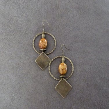 Bronze hoop earrings, brown stone 