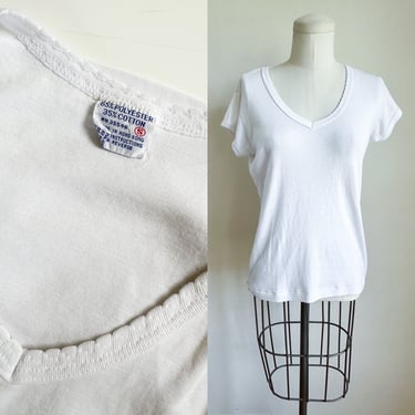Vintage 1980s White V-neck T-shirt / S-M 
