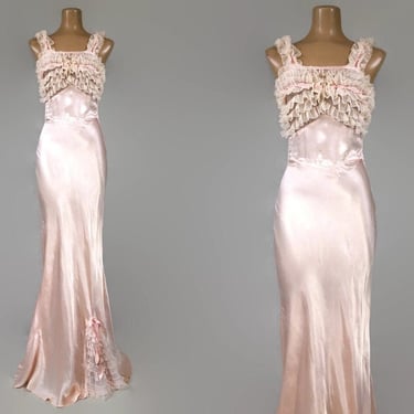 VINTAGE 30s Pink Art Deco Rayon Satin Bias Cut Gown With Mesh Lace Ruffles | 1930s Unique Nightgown Evening Dress | Wedding Bridal XS/S VFG 
