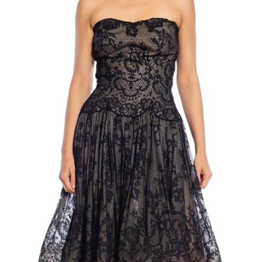 1950S Black Floral Lace Strapless Fit & Flare Cocktail Dress From Paris 