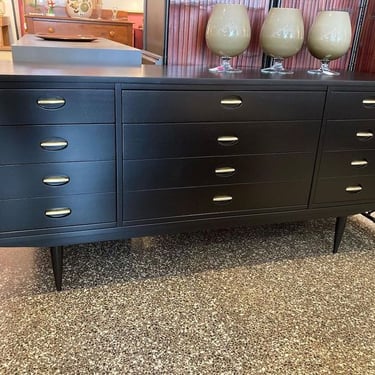 Black painted mid century dresser, inset gold pulls for the win! 62” x 18” x 30”