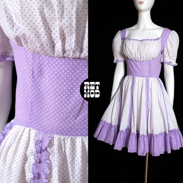 So Cute Vintage 60s 70s Pastel Purple White Polka Dot Fit and Flare Dress 