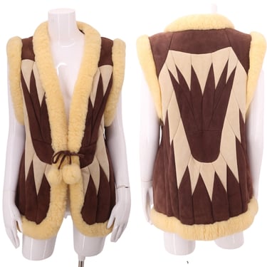 70s suede shearling art to wear patchwork vest M-L / vintage 1970s Woodstock era quilted flower pattern vest jacket 