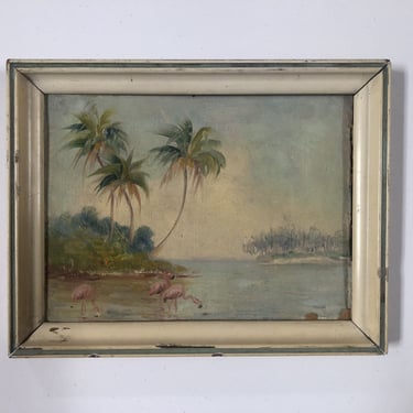 Tropical Beach Scenic w/ Flamingos Oil on Canvas Painting, Circa 1940 
