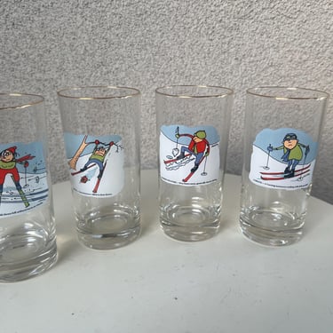 Vintage Ashby Tall Tumblers Glasses Snow Skiing Humor Sayings Set 4 