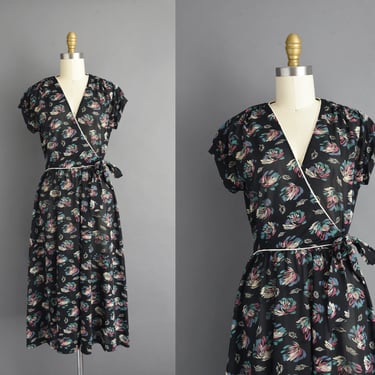 vintage 1970s Dress | Wrap Style Black Dress | Medium 